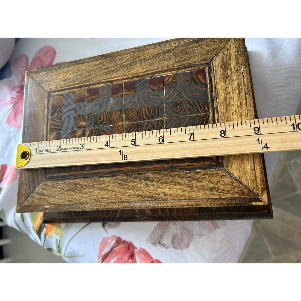 Vintage Handcrafted Parquetry Wood Jewelry Box with Mirror Ring Rolls Signed